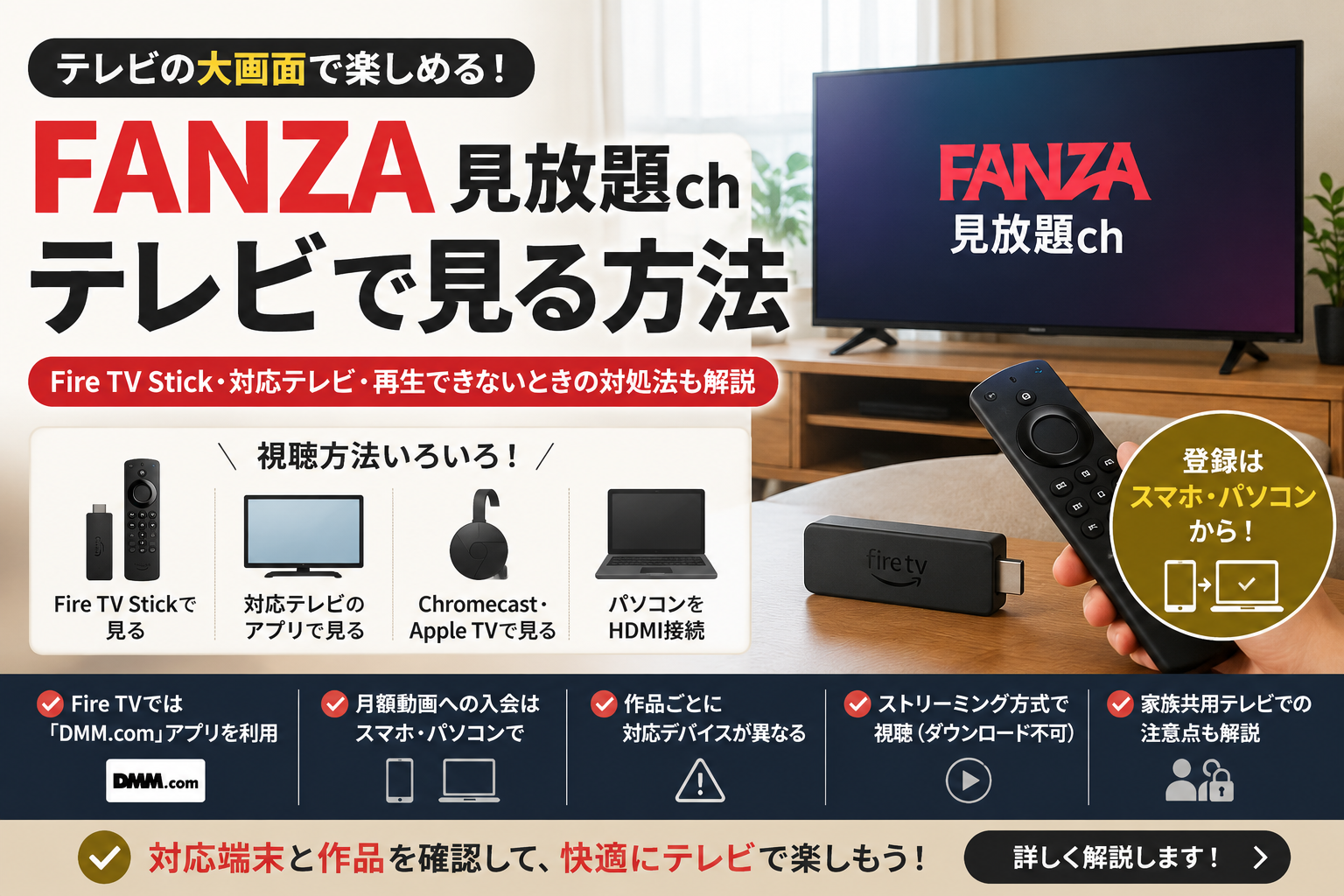FANZA見放題chをFire TV Stickや対応テレビで見る方法を解説する記事のアイキャッチ画像